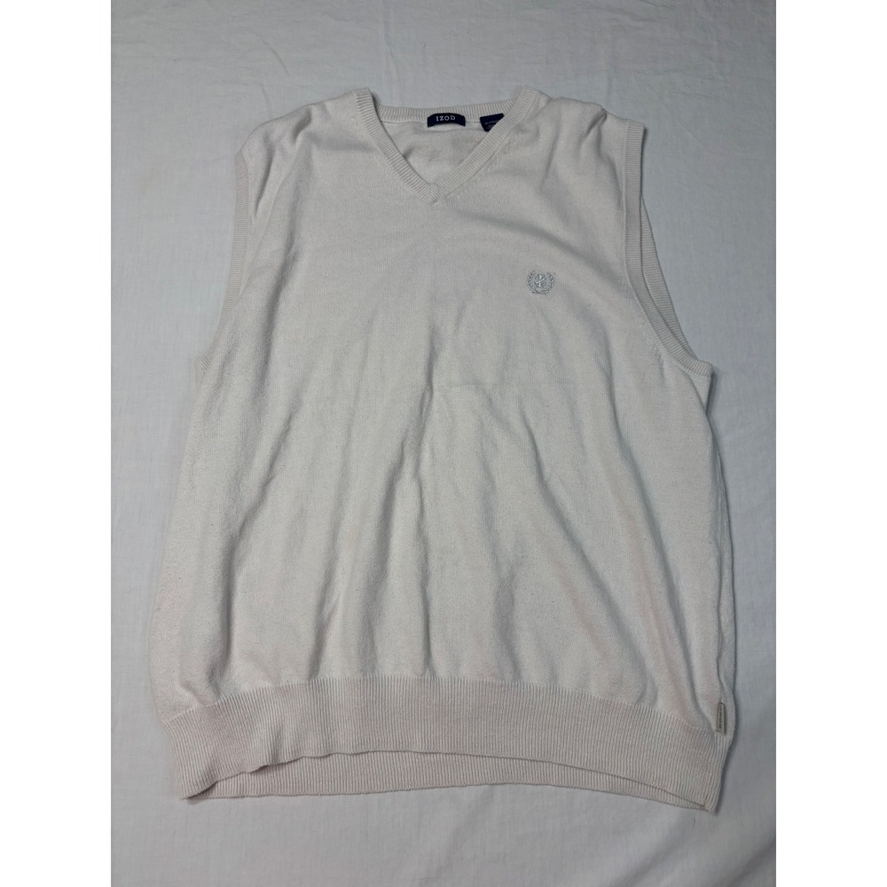 IZOD Mens XL V-Neck Sweater Vest Off White Cream Knit Sleeveless Crest Logo